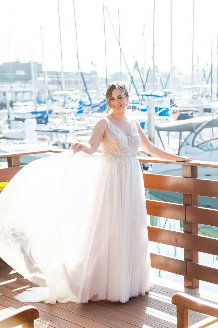 Model wearing a white gown